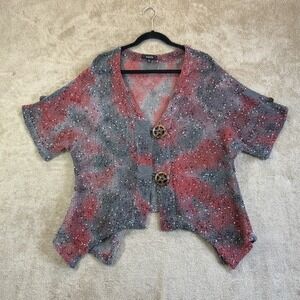 Kaktus Open-Weave Mesh Cardigan Women's L Red Gray Sheer Big Buttons Boho Artsy